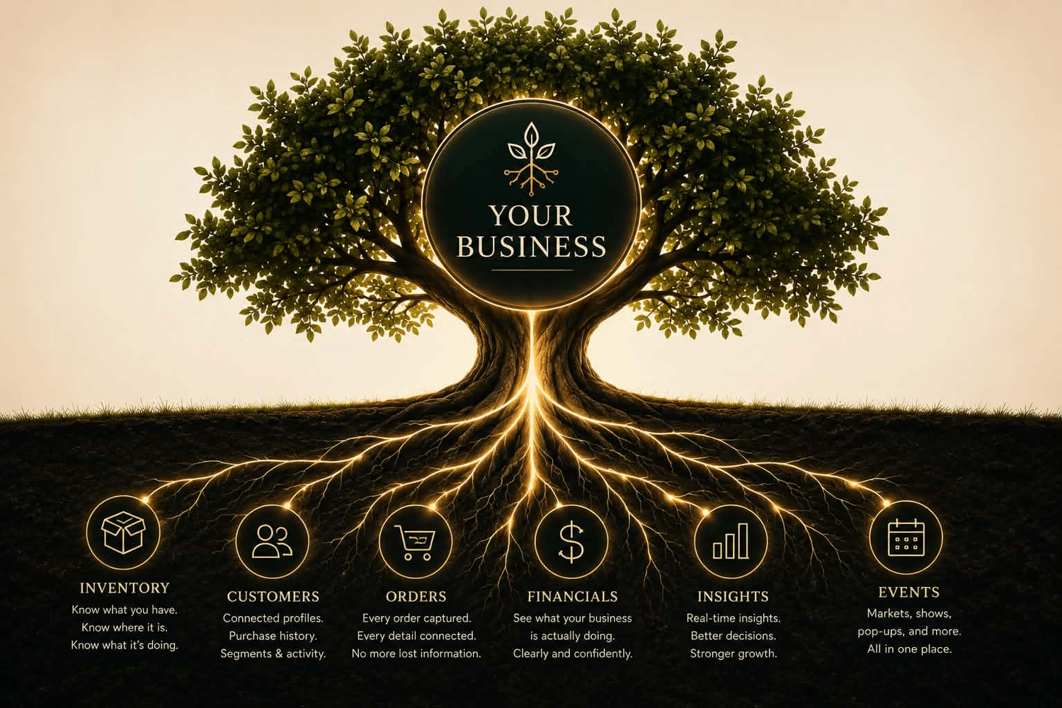Your business as a tree: a connected Root System with Inventory, Customers, Orders, Financials, Content and Analytics growing from glowing roots.